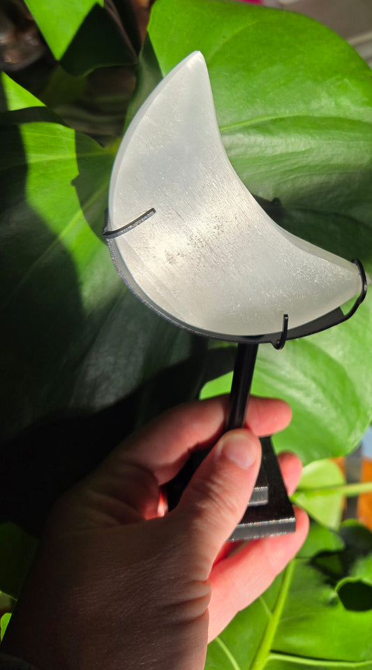 Satin Spar Moon On Stand