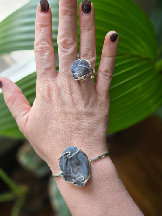 Druzy Chalcedony Ring & Bracelet Set