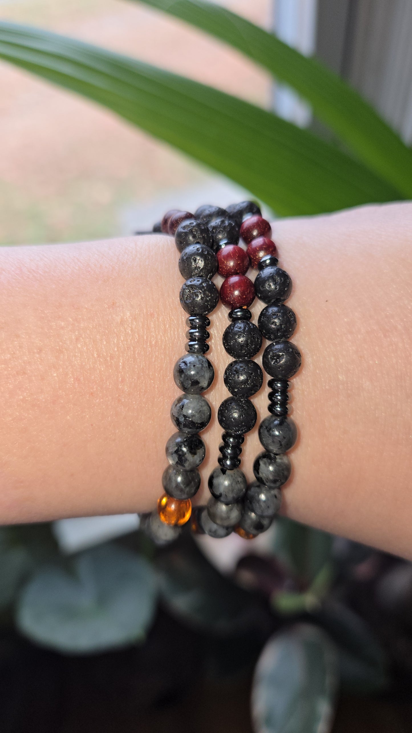 Larvikite with Lava and Amber Bracelet 6mm