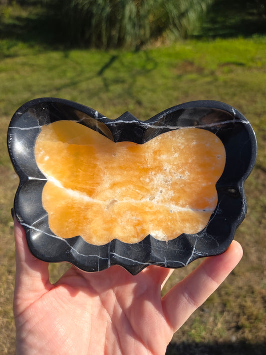 Black Marble and Orange Calcite Butterfly Bowl