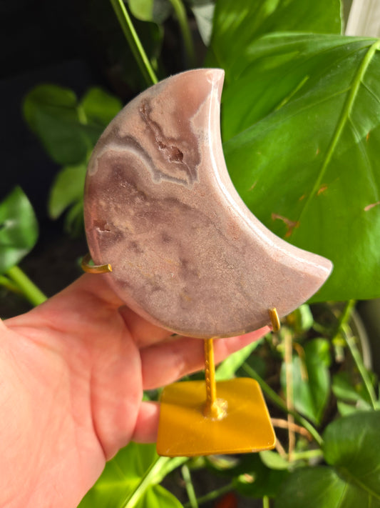 Pink Amethyst Moon on Gold Stand