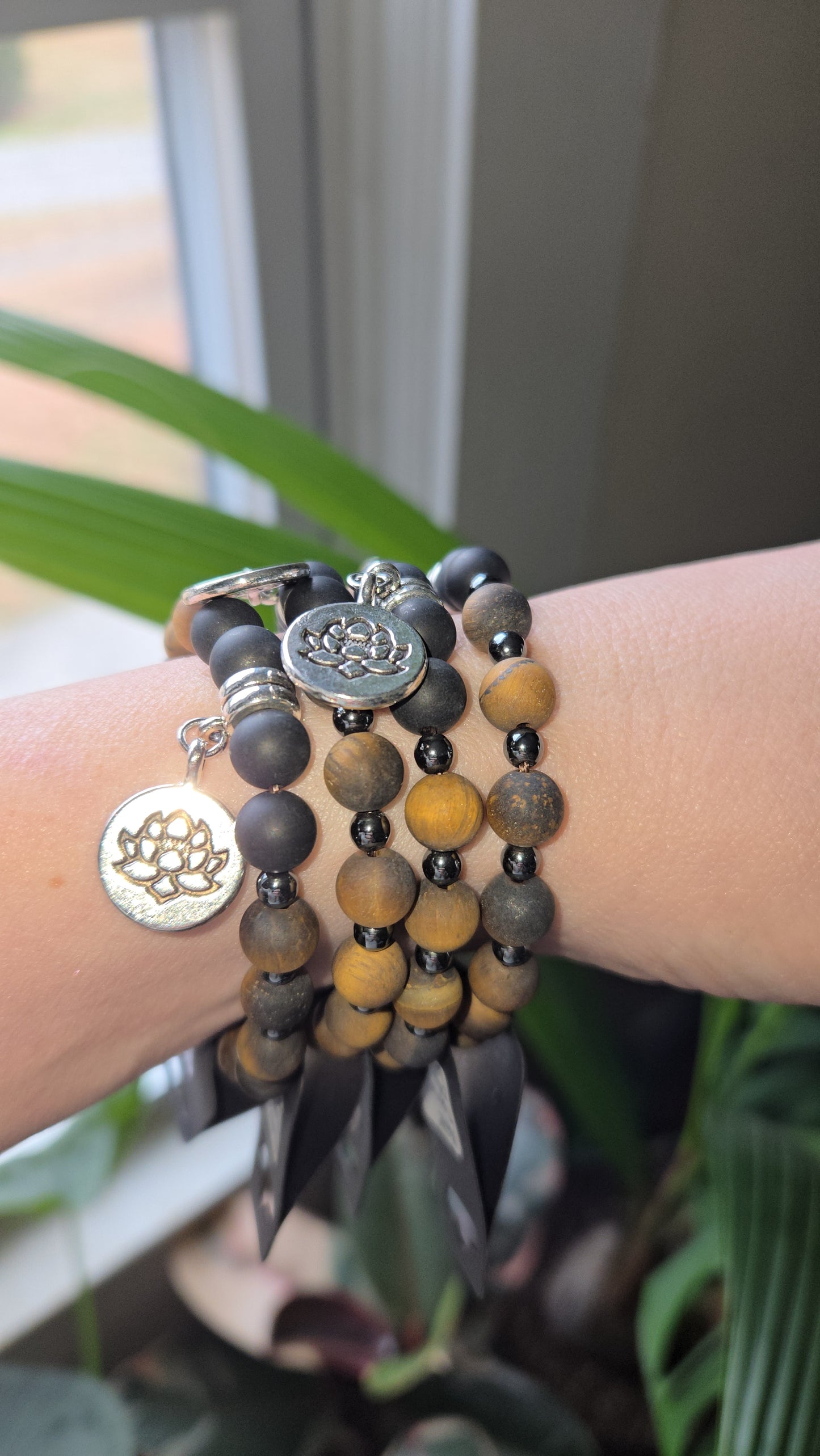 Matte Tiger Eye and Black Onyx with Lotus Charm