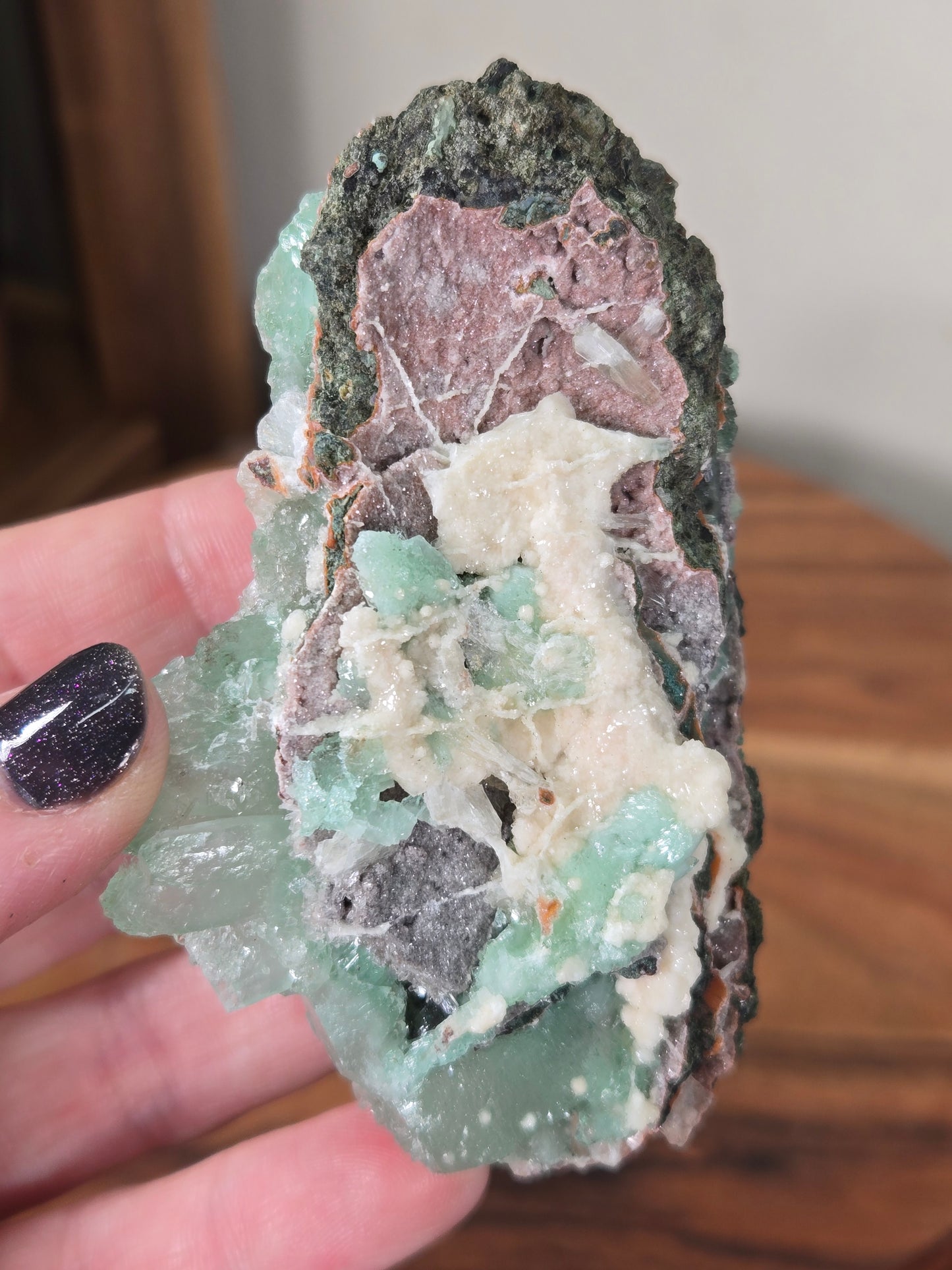 Green Apophyllite with Pink Druzy Chalcedony