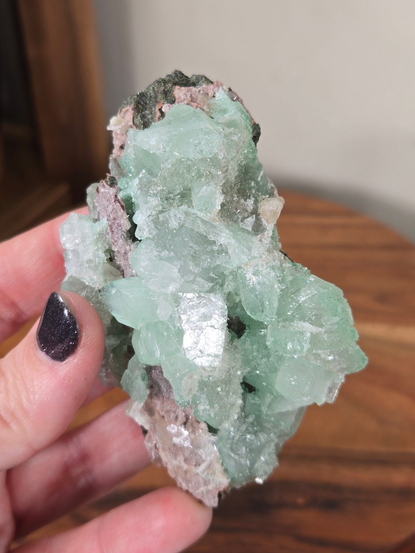 Green Apophyllite with Pink Druzy Chalcedony