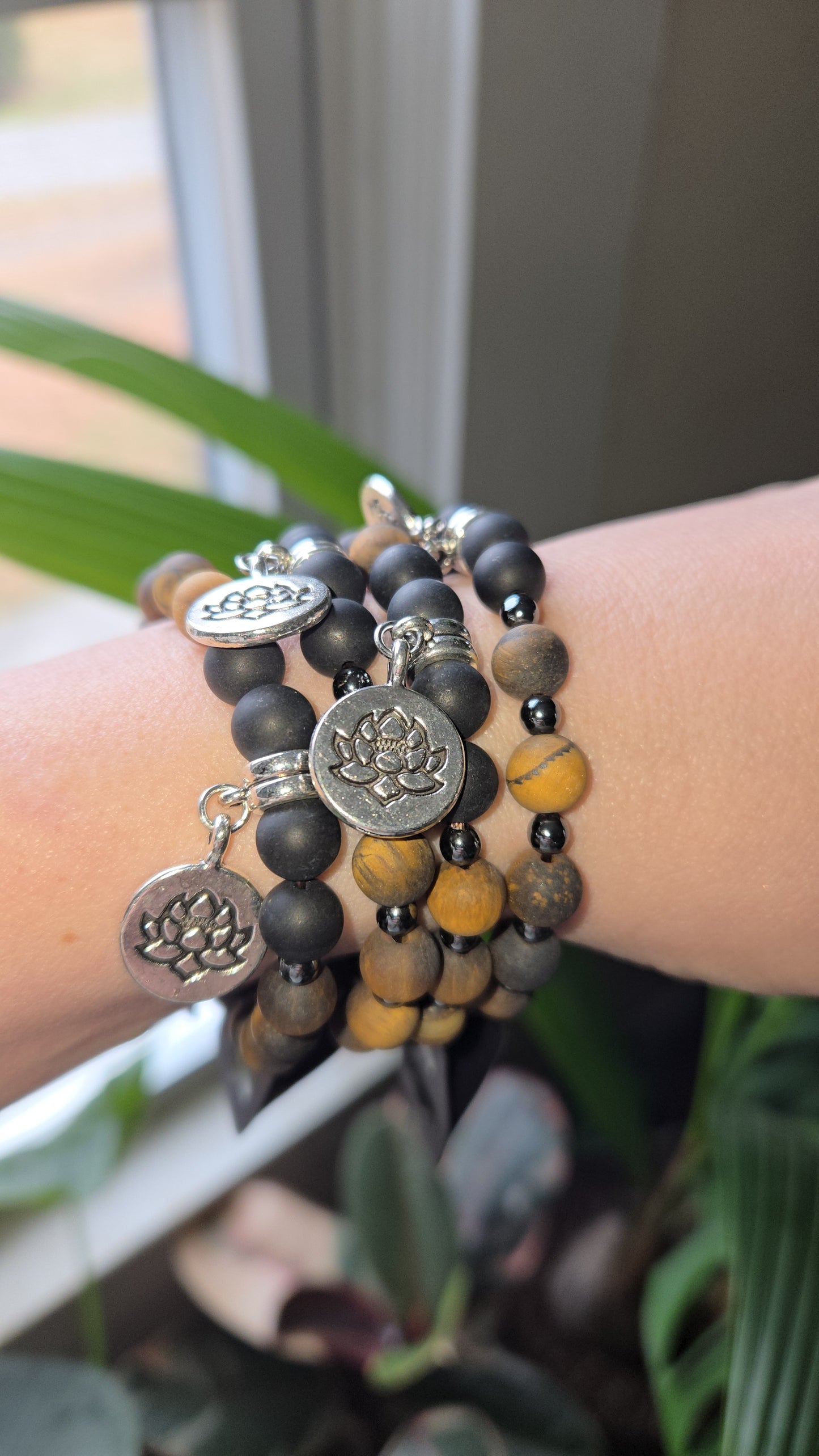 Matte Tiger Eye and Black Onyx with Lotus Charm