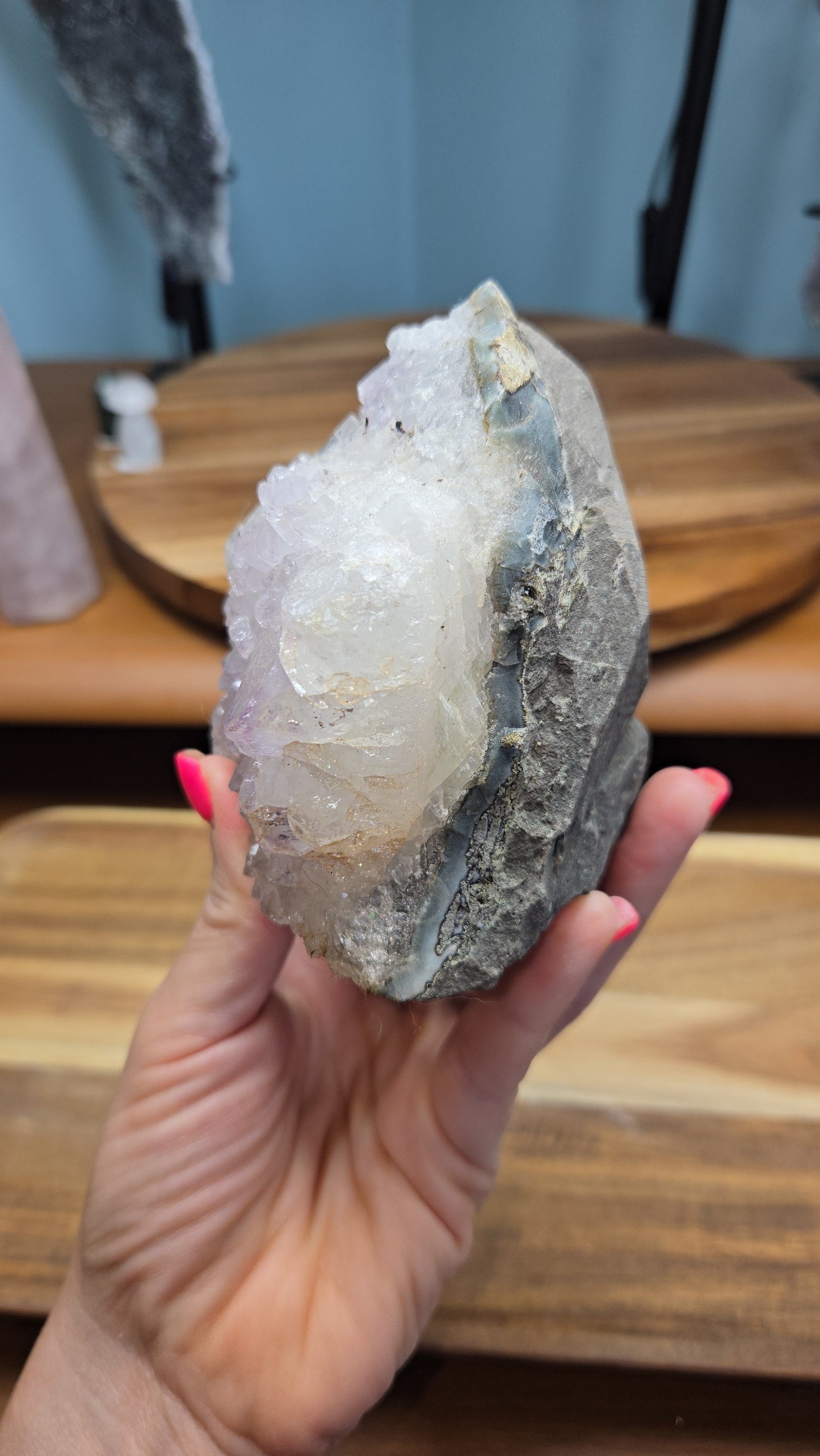 Amethyst Cutbase with Calcite and Sparkling Black Hematite