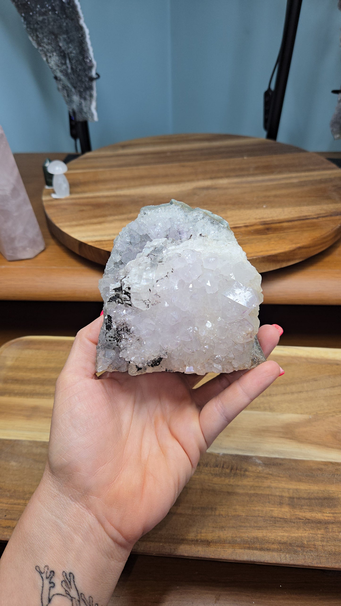 Amethyst Cutbase with Calcite and Sparkling Black Hematite