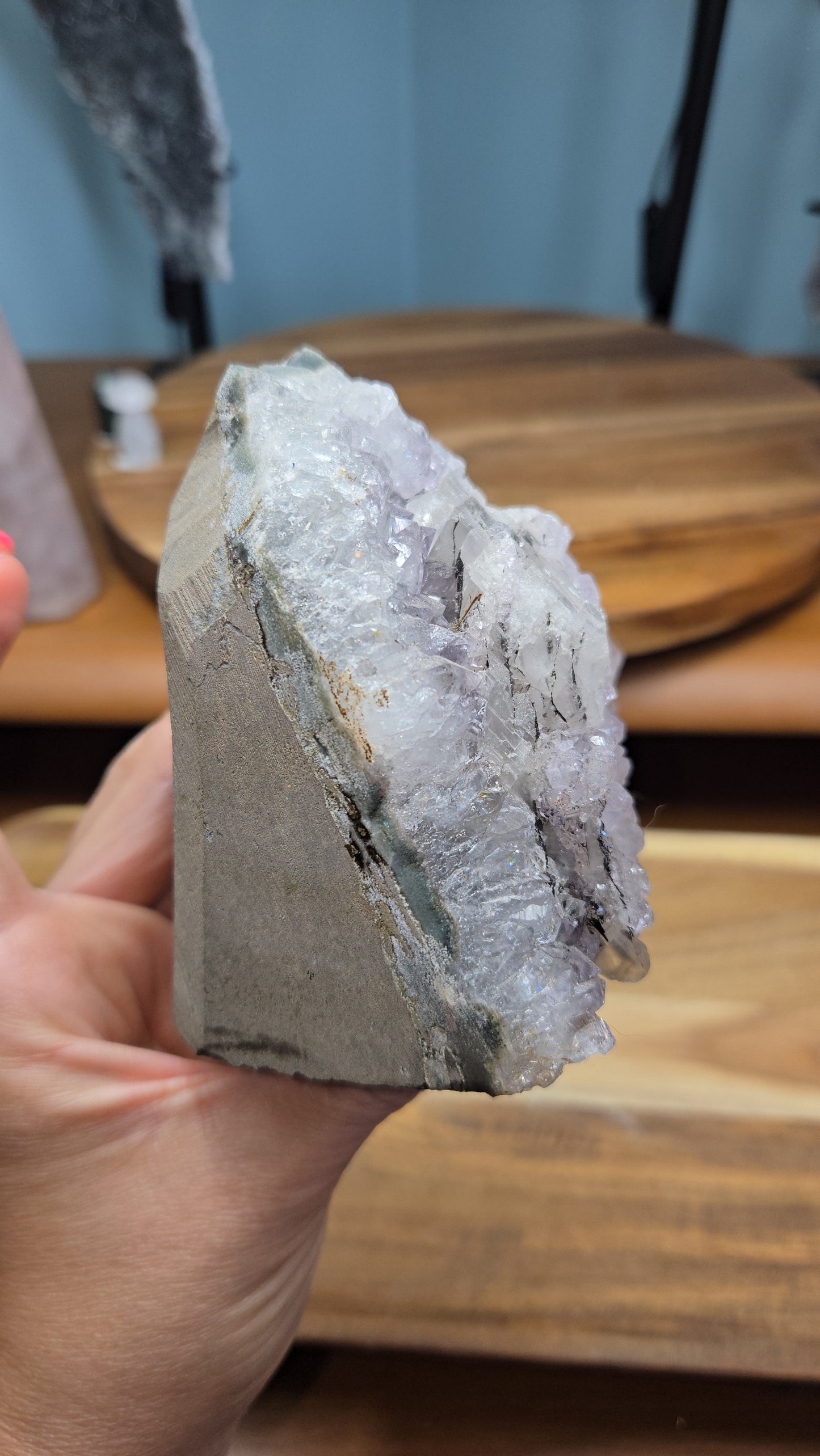 Amethyst Cutbase with Calcite and Sparkling Black Hematite