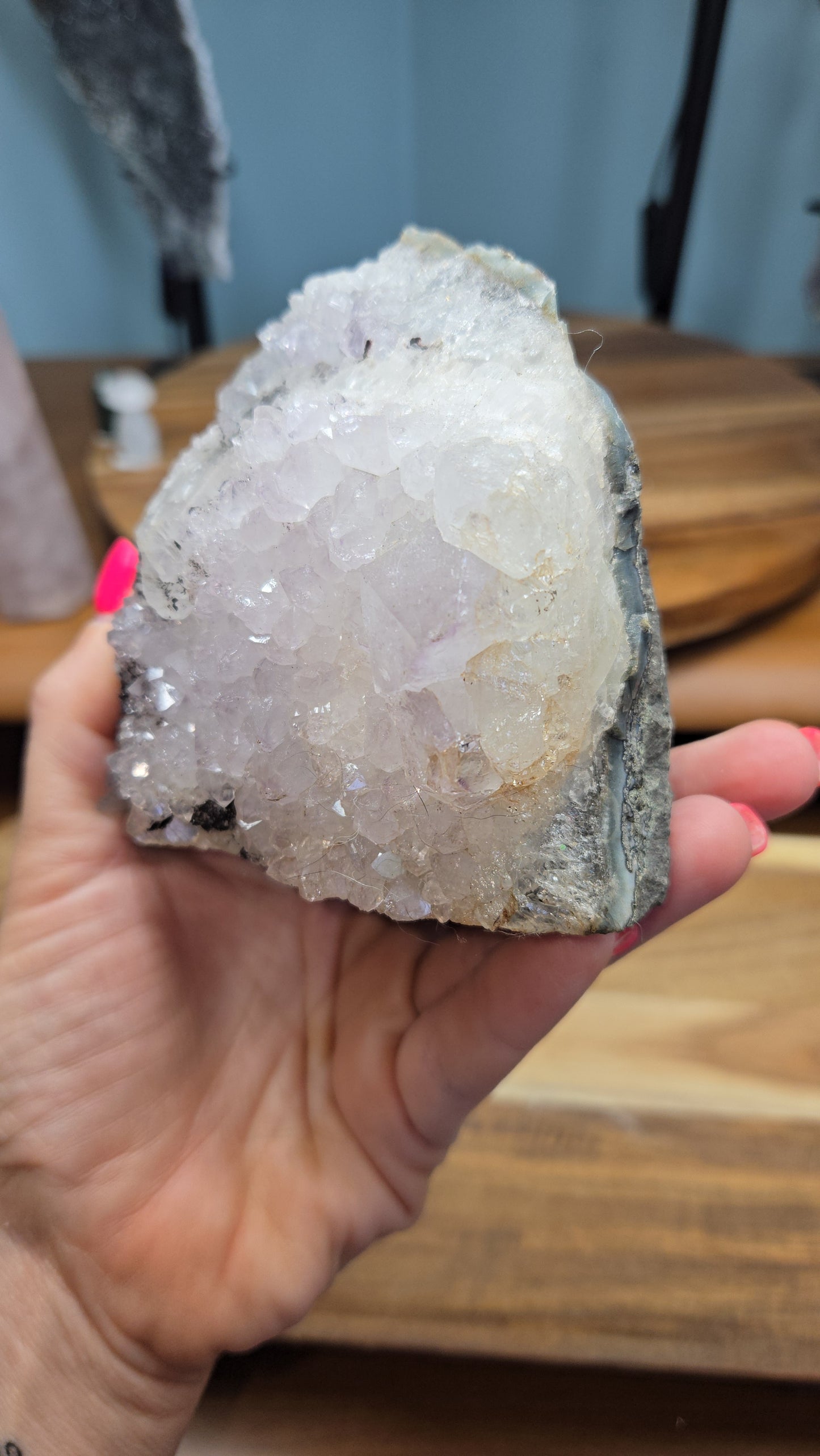 Amethyst Cutbase with Calcite and Sparkling Black Hematite