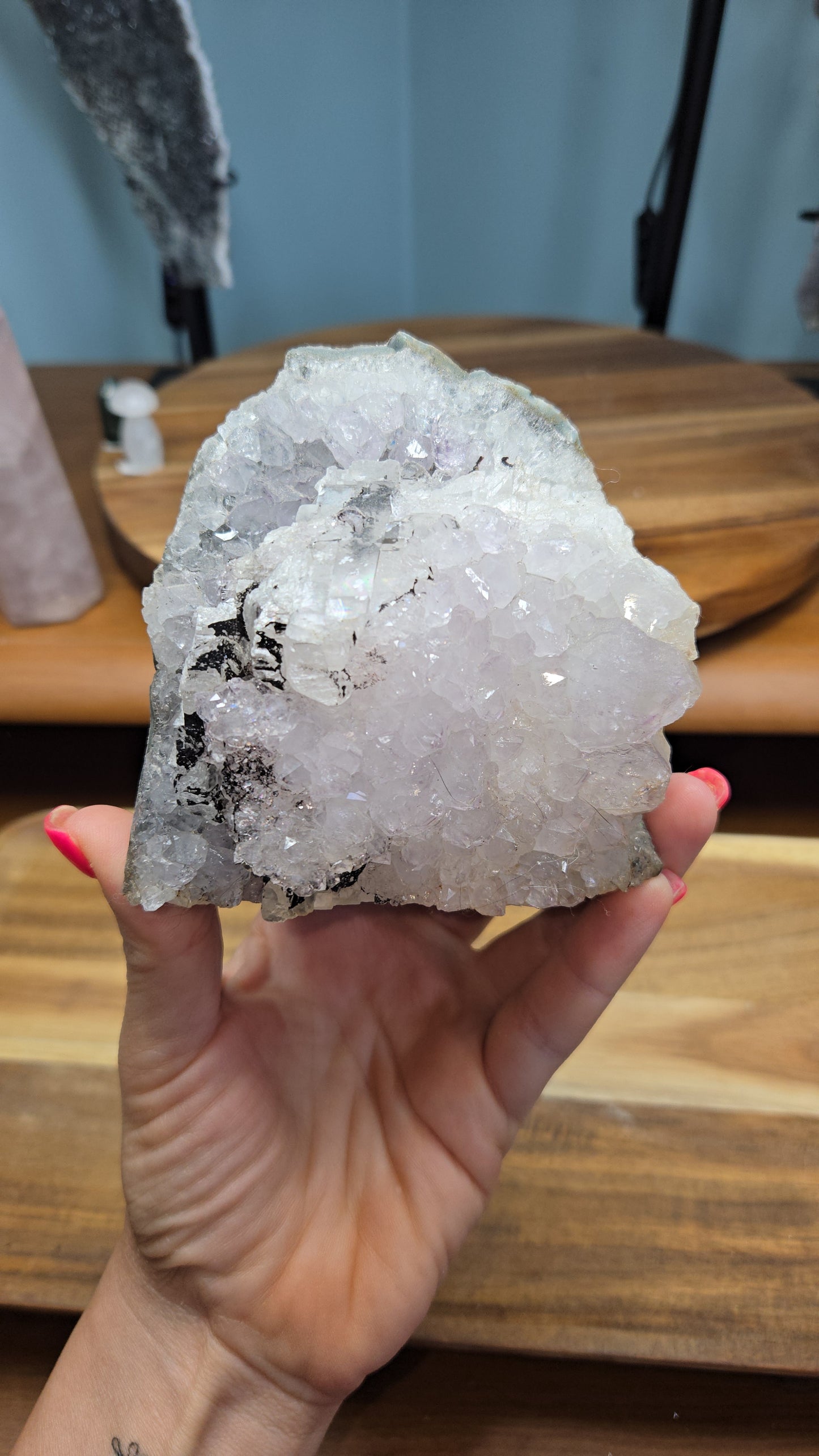Amethyst Cutbase with Calcite and Sparkling Black Hematite