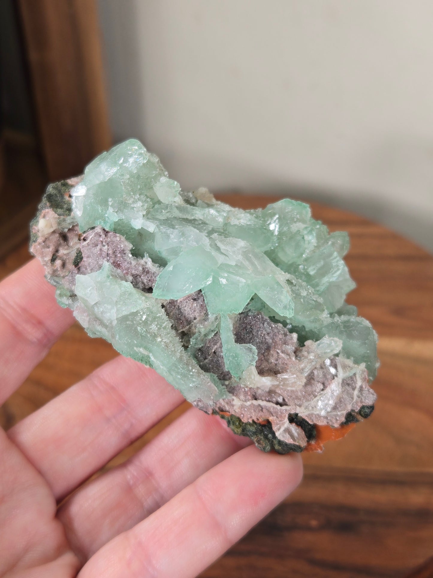 Green Apophyllite with Pink Druzy Chalcedony