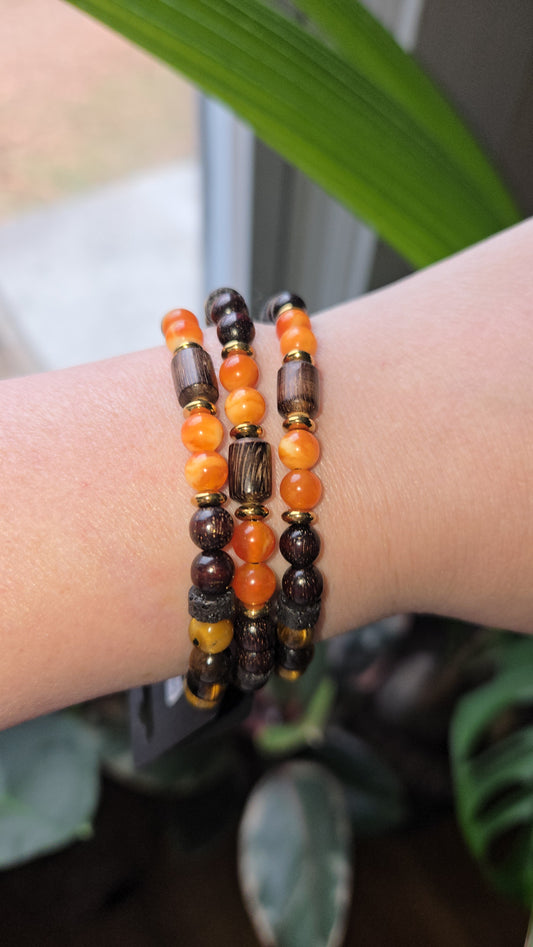 Lava Stone, Hematite,  Amber, Tiger Eye & Sandalwood 6mm