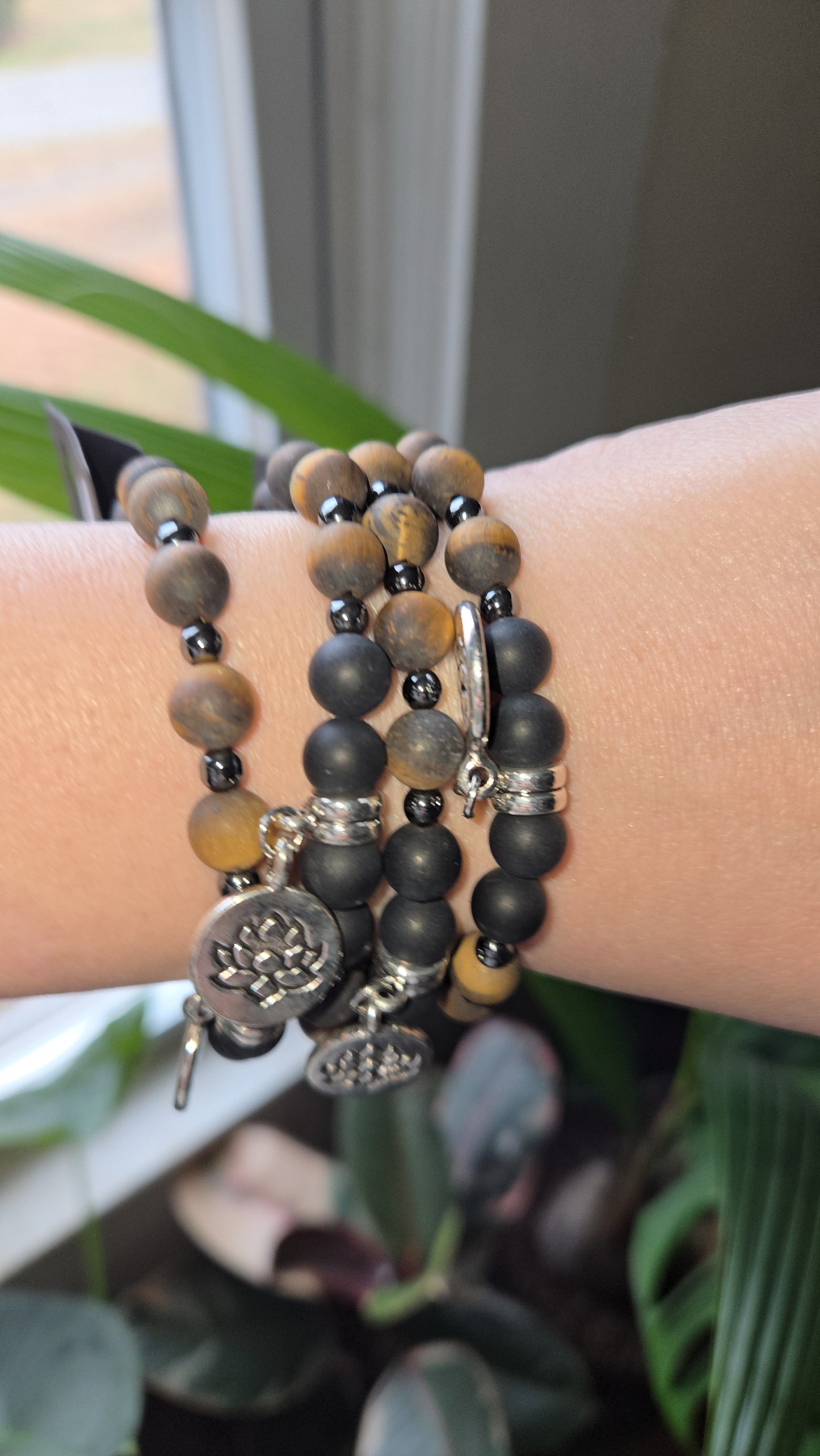 Matte Tiger Eye and Black Onyx with Lotus Charm