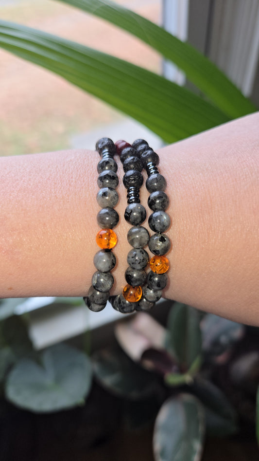 Larvikite with Lava and Amber Bracelet 6mm