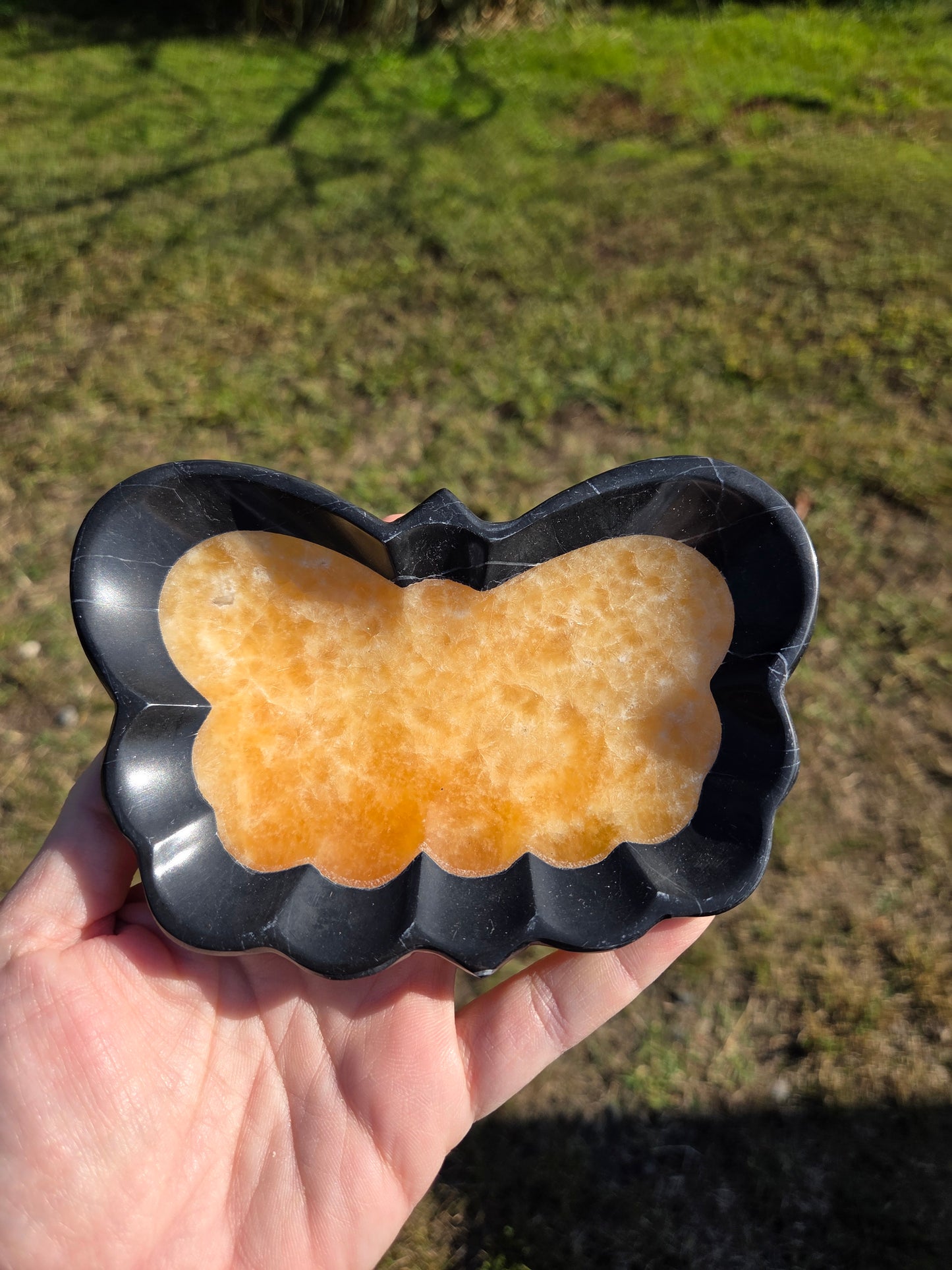 Black Marble and Orange Calcite Butterfly Bowl