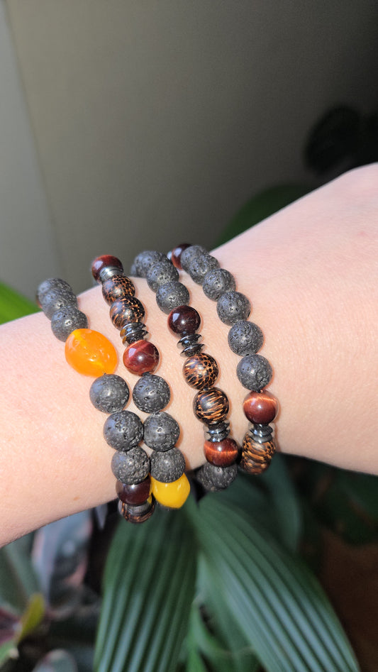 Tiger Eye, Lava Stone, Sandalwood and Amber 8mm
