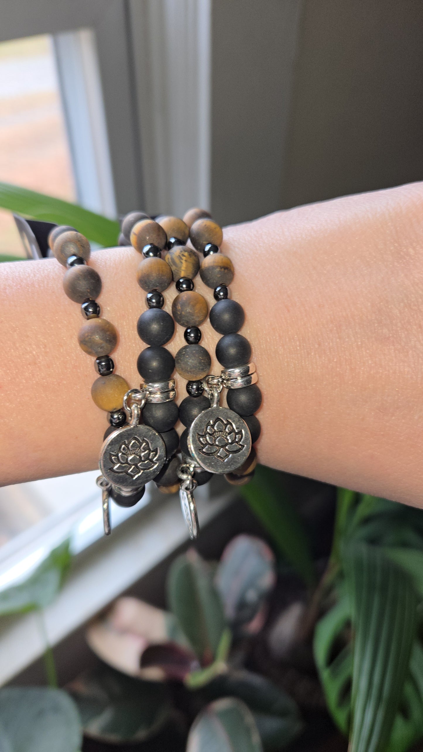 Matte Tiger Eye and Black Onyx with Lotus Charm